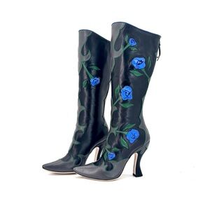 NEW Miu Miu SS 2012 Runway Rose Applique Western Pointed Toe Knee High Boots 37